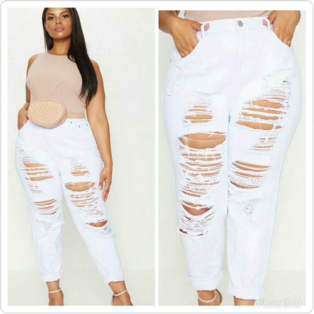 Plus White Distressed Mom Jeans